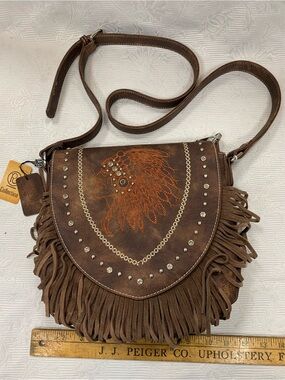 P&G Brown Fringe Crossbody Bag with Stud & Feather Embroidery